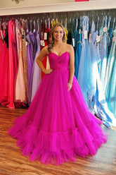 Hot Pink Long Tulle Strapless Prom Dress with Ruffles Mychicdress
